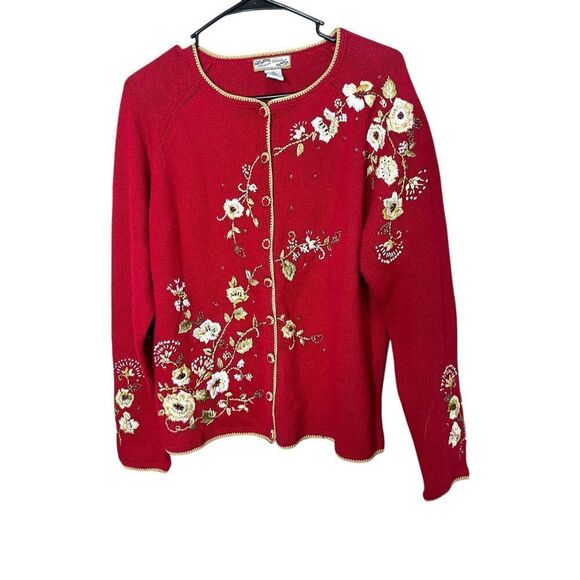Vintage Heirloom Collectibles Red Embroidered Cardigan Sweater Size S - Picture 1 of 7